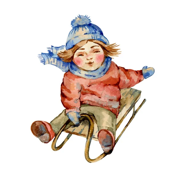 Christmas watercolor vintage illustration, Cute Kid sledding, ca — Stock Photo, Image