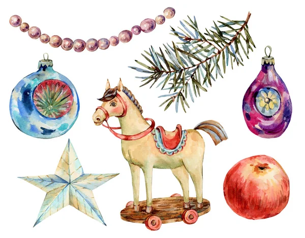 Juguetes de Navidad vintage acuarela - caballo de madera, estrella, rojo appl —  Fotos de Stock