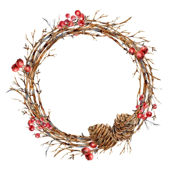 Watercolor Christmas natural wreath of tree branches, red berrie — Stok fotoğraf