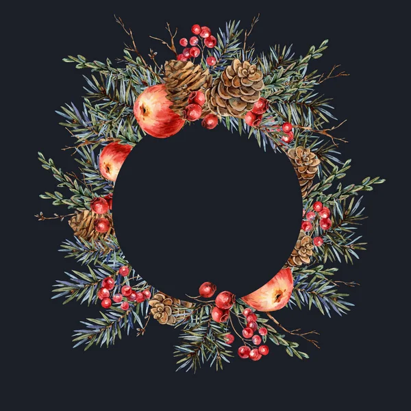 Akvarel vánoční přírodní kulatý rám z jedlových větví, červená ap — Stock fotografie
