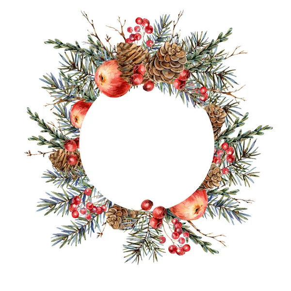 Akvarel vánoční přírodní kulatý rám z jedlových větví, červená ap — Stock fotografie