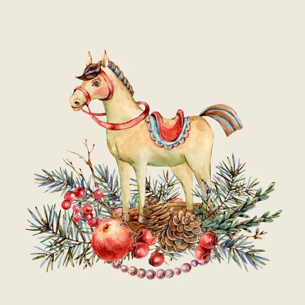 Watercolor Christmas natural greeting card of wooden horse, fir