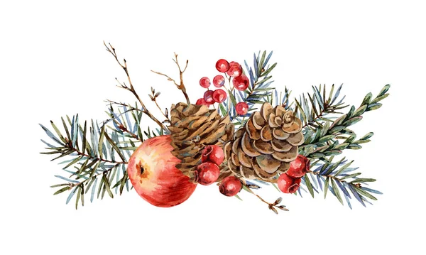 Aquarell Weihnachten natürliche Grußkarte aus Tannenzweigen, rot — Stockfoto