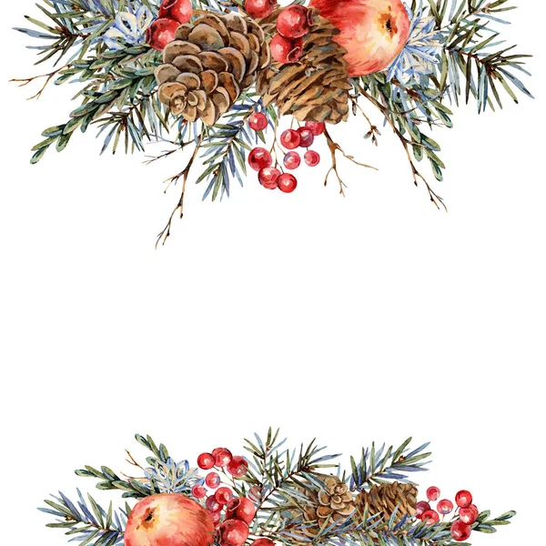 Watercolor Christmas natural template of fir branches, red apple — Stock Photo, Image