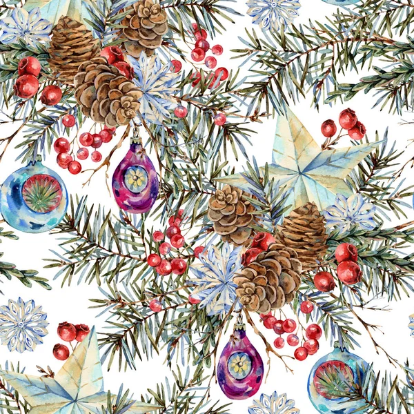 Watercolor Christmas seamless pattern with natural bouquet of fi — Stock Photo, Image