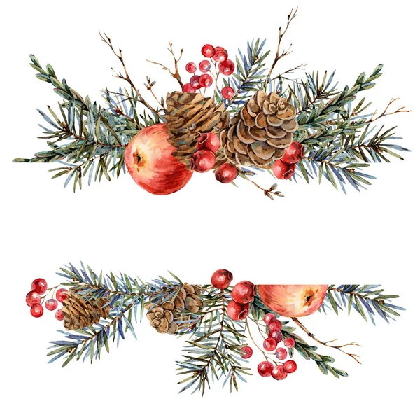 Watercolor Christmas natural template of fir branches, red apple — Stock Photo, Image
