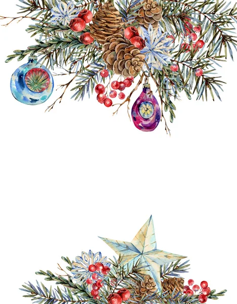 杉木枝条、星星、豌豆的水彩画圣诞自然模板 — 图库照片