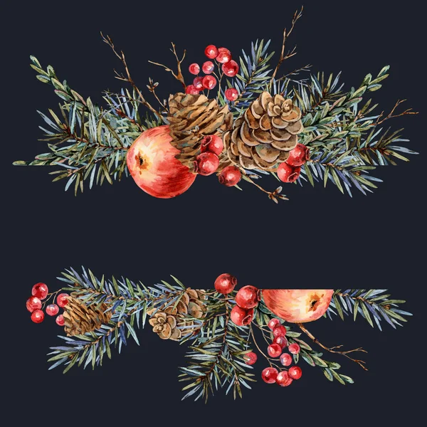 Watercolor Christmas natural template of fir branches, red apple — Stock Photo, Image