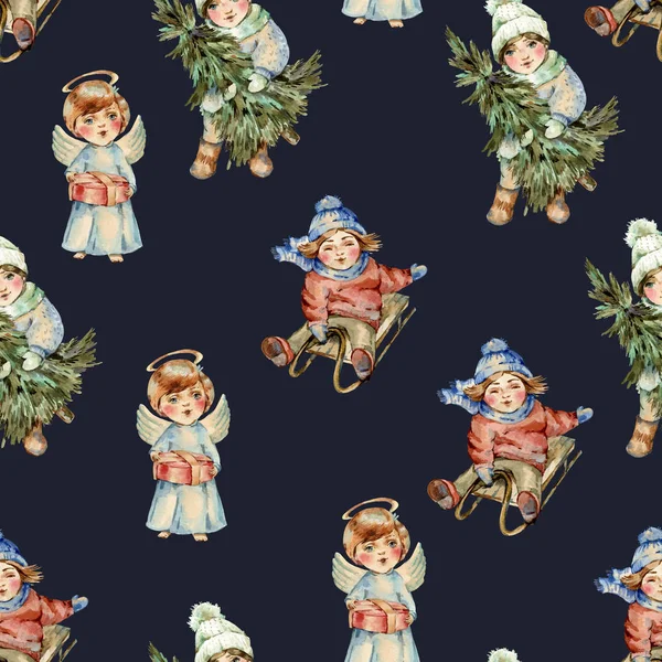 Watercolor winter vintage Christmas kids seamless pattern, Cute — Stock Photo, Image