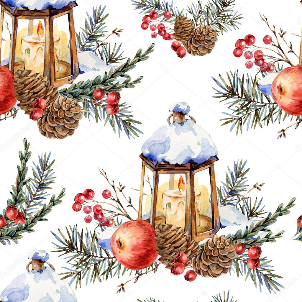 Watercolor Christmas natural seamless pattern of fir branches, r
