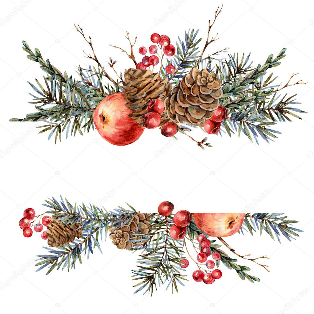 Watercolor Christmas natural template of fir branches, red apple