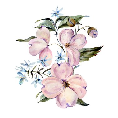 Yumuşak suluboya pembe ve açık mavi çiçekler, dallar, yapraklar, bu