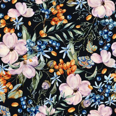 Yumuşak suluboya desenli pembe, çiçekler, mavi ve 