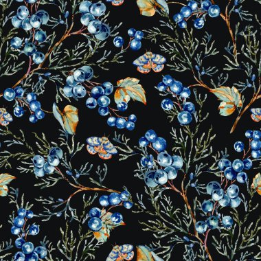 Ormanlık arazide mavi böğürtlen tebrik kartı, güve ve köknar sütyen