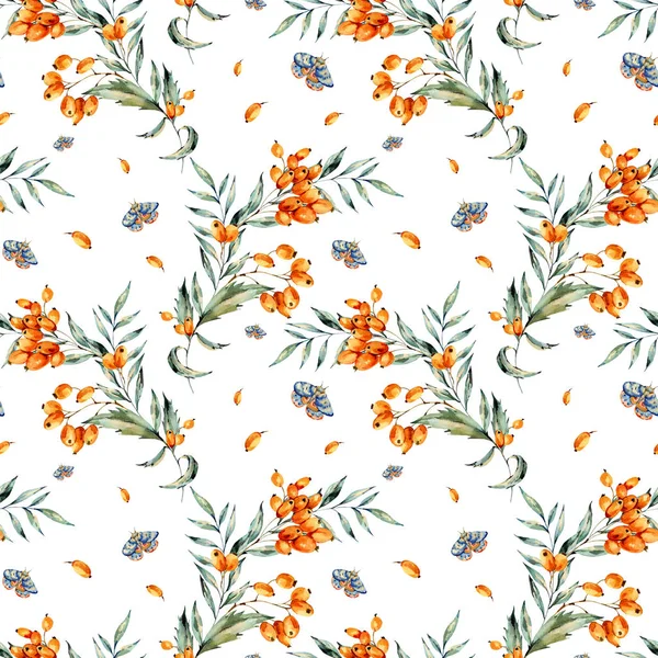 Watercolor seamless pattern with autumn orange berries and blue — Stock Photo, Image