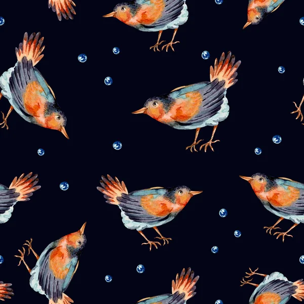Cute watercolor seamless pattern with birds, blue berries. Fores