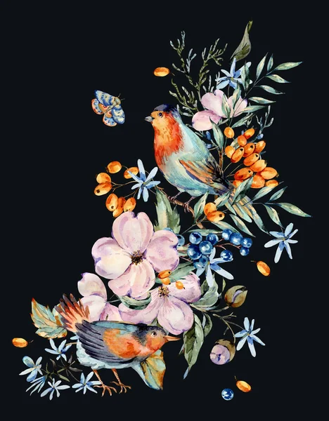 Sanfter Aquarellstrauß mit Vogelpaar, rosa, hellblau — Stockfoto