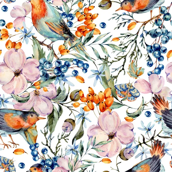 Doux motif sans couture aquarelle avec paire d'oiseaux, rose, flo — Photo