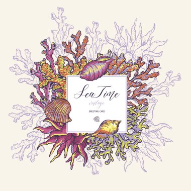 Sea life natural greeting card, underwater vector illustration, 