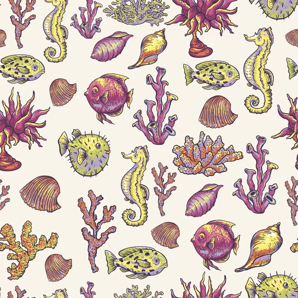 Vintage sea life natural seamless pattern, underwater vector tex — Stok Vektör