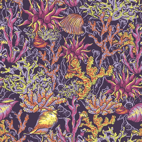 Vintage sea life natural seamless pattern, underwater vector tex — Stock vektor