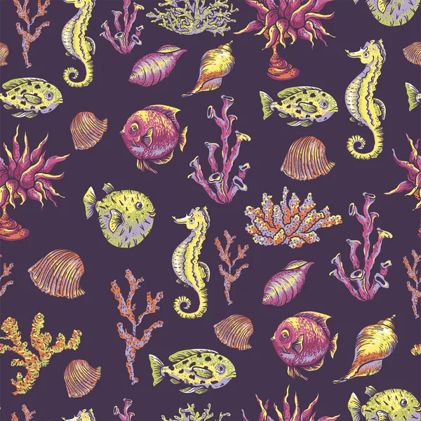 Vintage sea life natural seamless pattern, underwater vector tex