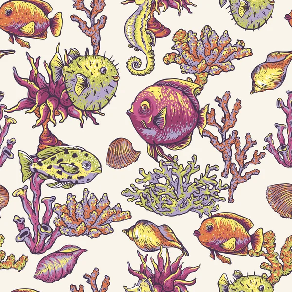 Vintage sea life natural seamless pattern, underwater vector tex — Stock Vector
