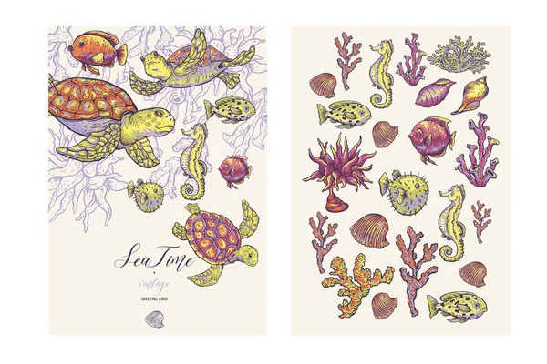 Vintage sea life natural greeting card, underwater vector illust