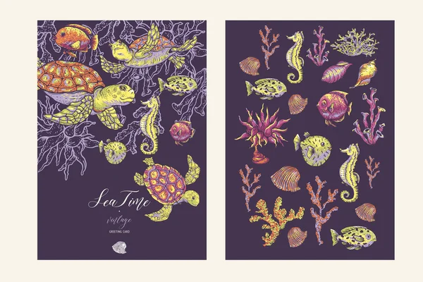 Vintage sea life natural greeting card, underwater vector illust — 스톡 벡터
