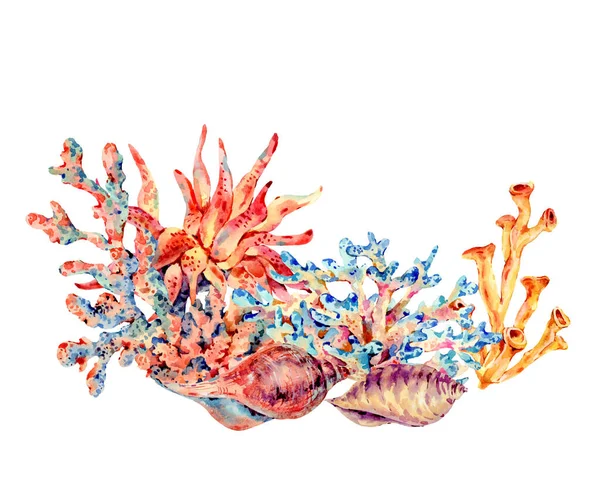 Watercolor vintage sea life natural greeting card, underwater su — 图库照片