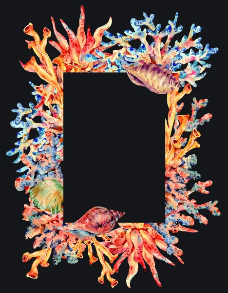 Watercolor vintage sea life natural frame, underwater summer ill — 图库照片