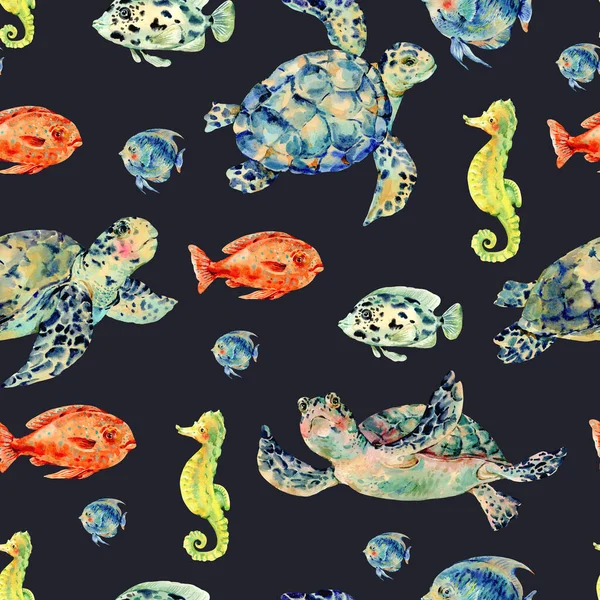 Watercolor vintage sea life natural seamless pattern — 图库照片