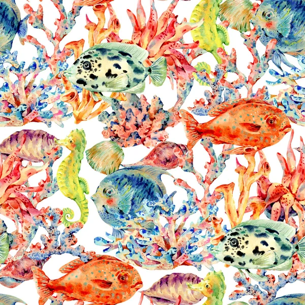 Watercolor vintage sea life natural seamless pattern — 图库照片