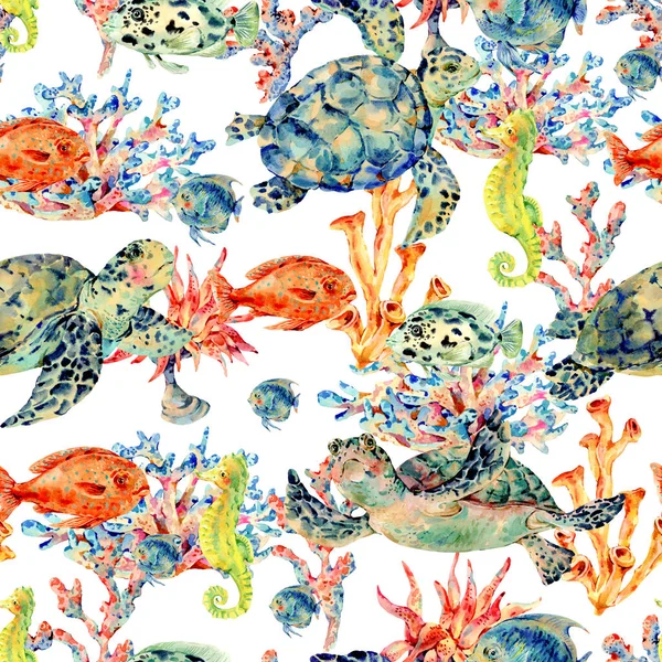 Watercolor vintage sea life natural seamless pattern, underwater