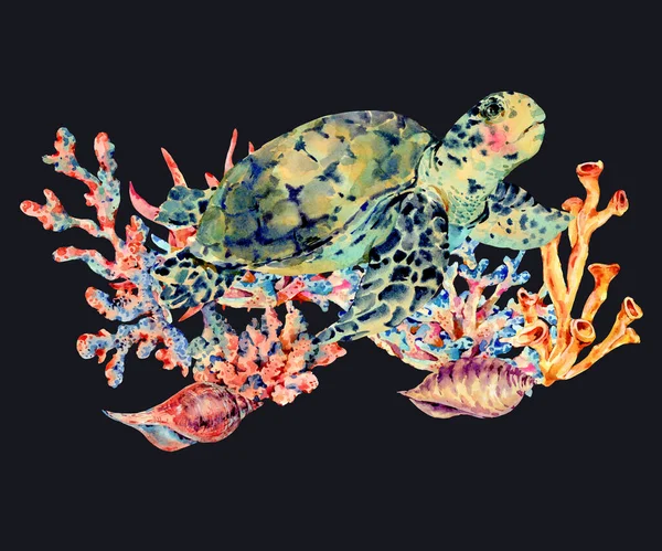 Suluboya klasik deniz yaşamı doğal tebrik kartı — Stok fotoğraf