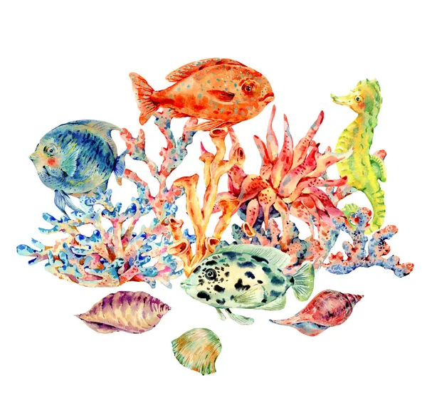 Watercolor vintage sea life natural greeting card — Stock Photo, Image