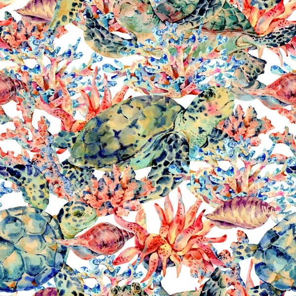Watercolor vintage sea life natural seamless pattern — Stock Photo, Image
