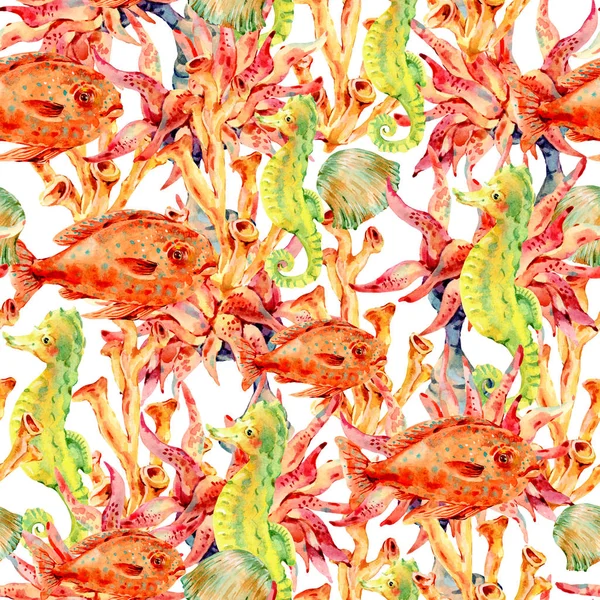 Watercolor vintage sea life natural underwater seamless pattern — Stock Photo, Image