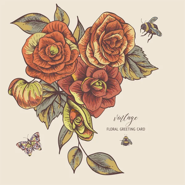Vector Vintage Ανοιξιάτικη Ευχετήρια Κάρτα Ανθισμένα Λουλούδια Της Begonia Πεταλούδες — Διανυσματικό Αρχείο