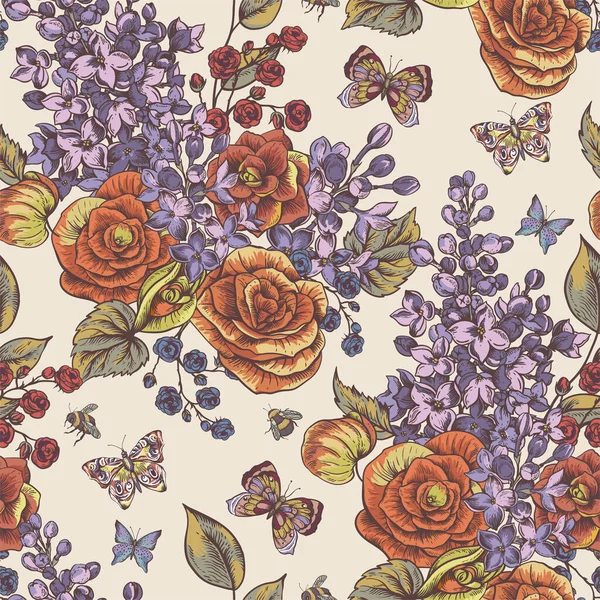 Begonya Leylak Kelebek Arıların Çiçek Açtığı Vintage Yay Pürüzsüz Desen — Stok Vektör