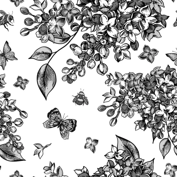 Διάνυσμα Μονόχρωμο Vintage Άνοιξη Απρόσκοπτη Μοτίβο Ανθισμένα Λουλούδια Από Πασχαλιά — Διανυσματικό Αρχείο