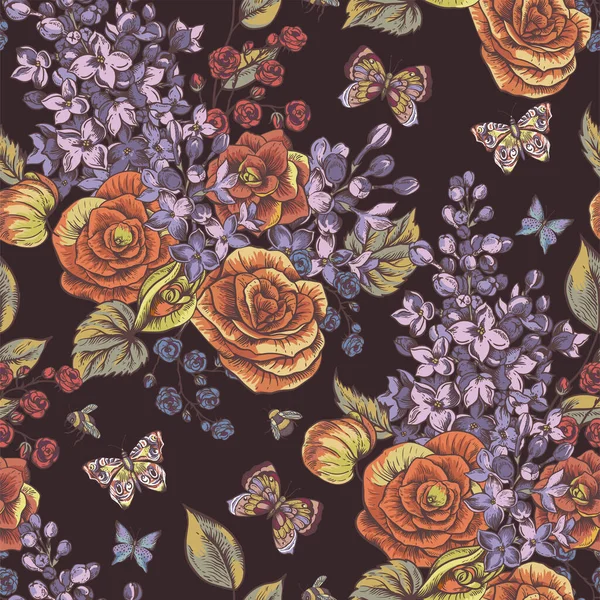 Patrón Sin Costuras Primavera Vintage Vectorial Con Flores Florecientes Begonia — Archivo Imágenes Vectoriales