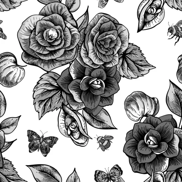 Patrón Sin Costura Primavera Vintage Vectorial Monocromo Con Flores Flor — Archivo Imágenes Vectoriales