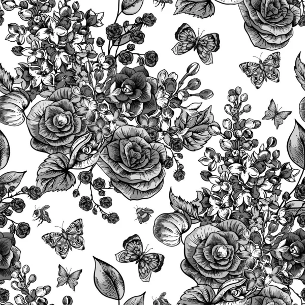 Vektor Monokrom Vintage Våren Sömlös Mönster Med Blommande Blommor Begonia — Stock vektor