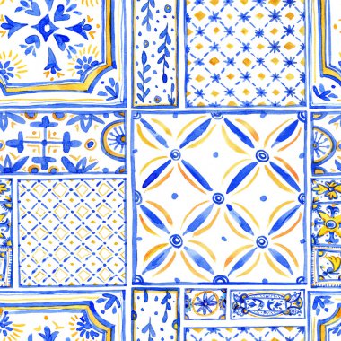 Suluboya geometrik süsleme kare dikişsiz desen, el çizimi sarı ve mavi desen. Eski duvar kâğıdı.