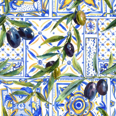 Suluboya zeytin dalları süslemesiz desen, elle çizilmiş sarı, mavi desenli. Klasik yaz duvar kâğıdı.