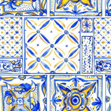 Suluboya geometrik süsleme kare dikişsiz desen, el çizimi sarı ve mavi desen. Eski duvar kâğıdı.