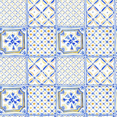 Suluboya geometrik süsleme kare dikişsiz desen, el çizimi sarı ve mavi desen. Eski duvar kâğıdı.