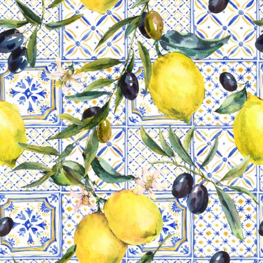 Suluboya limon, zeytin dalları süslemesiz desen, el çizimi sarı, mavi desen. Klasik yaz duvar kâğıdı.