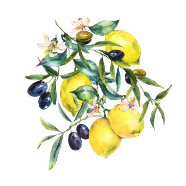 Suluboya limon ve zeytin dalları tebrik kartı, antika yazlık el, siyah arkaplanda izole edilmiş sarı baskı çizimi.